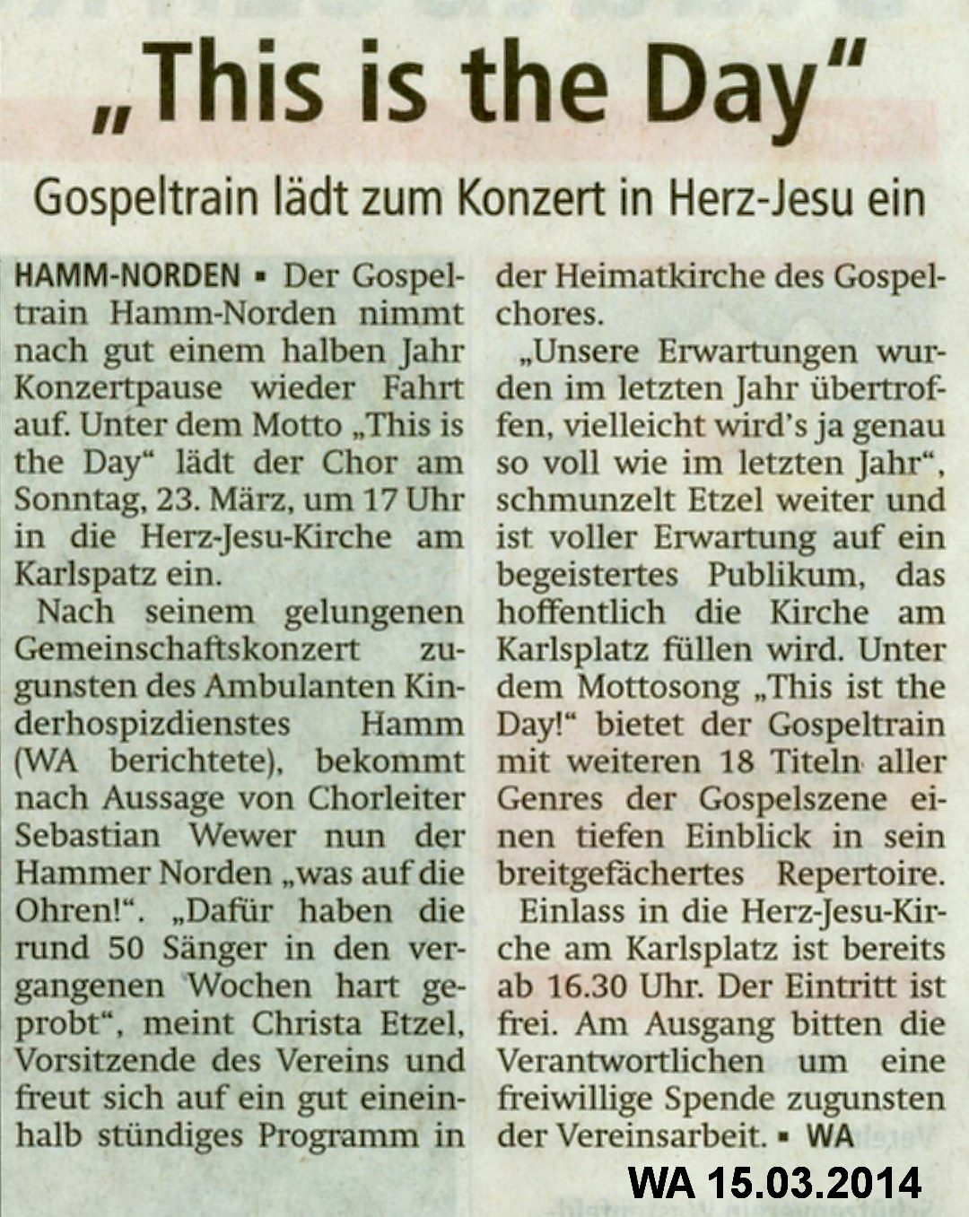 © Westfälischer Anzeiger, Hamm, 15.03.2014