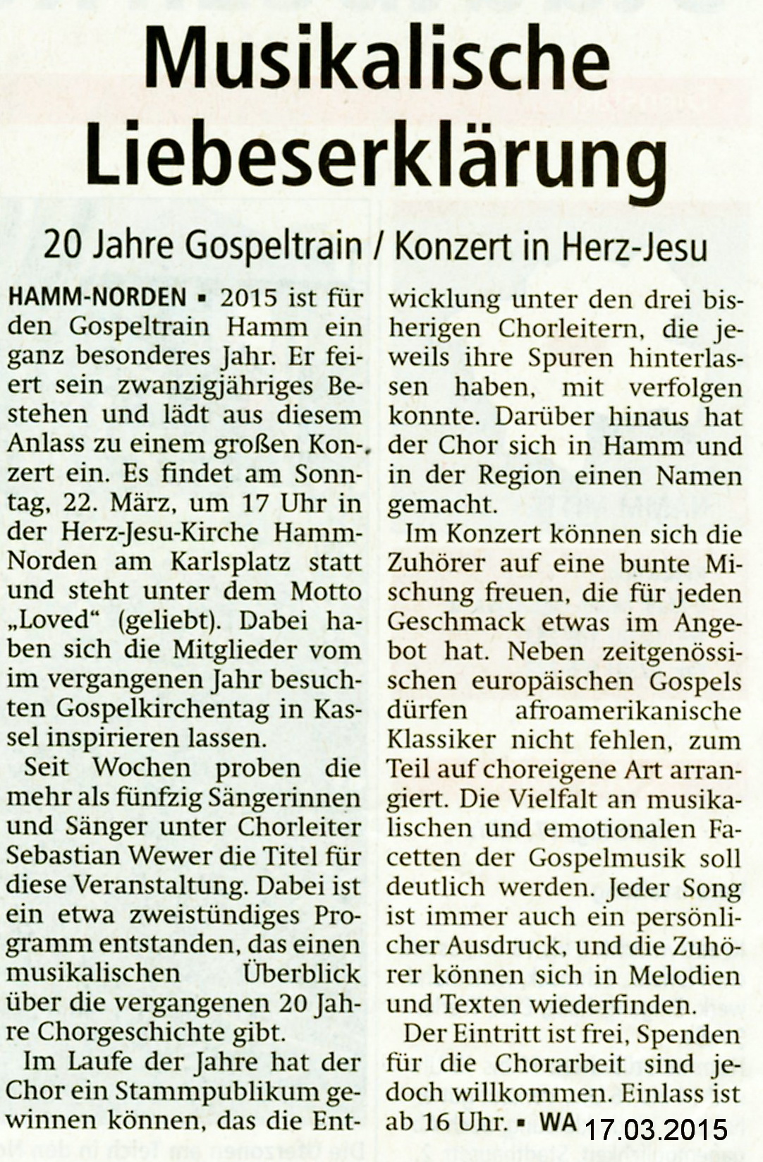 © Westfälischer Anzeiger, Hamm, 17.03.2015